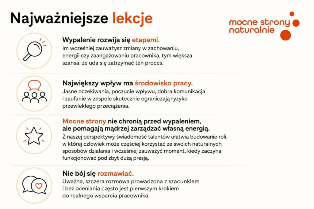 Infografika podsumowująca najważniejsze lekcje o etapach wypalenia zawodowego, roli środowiska pracy i talentach.